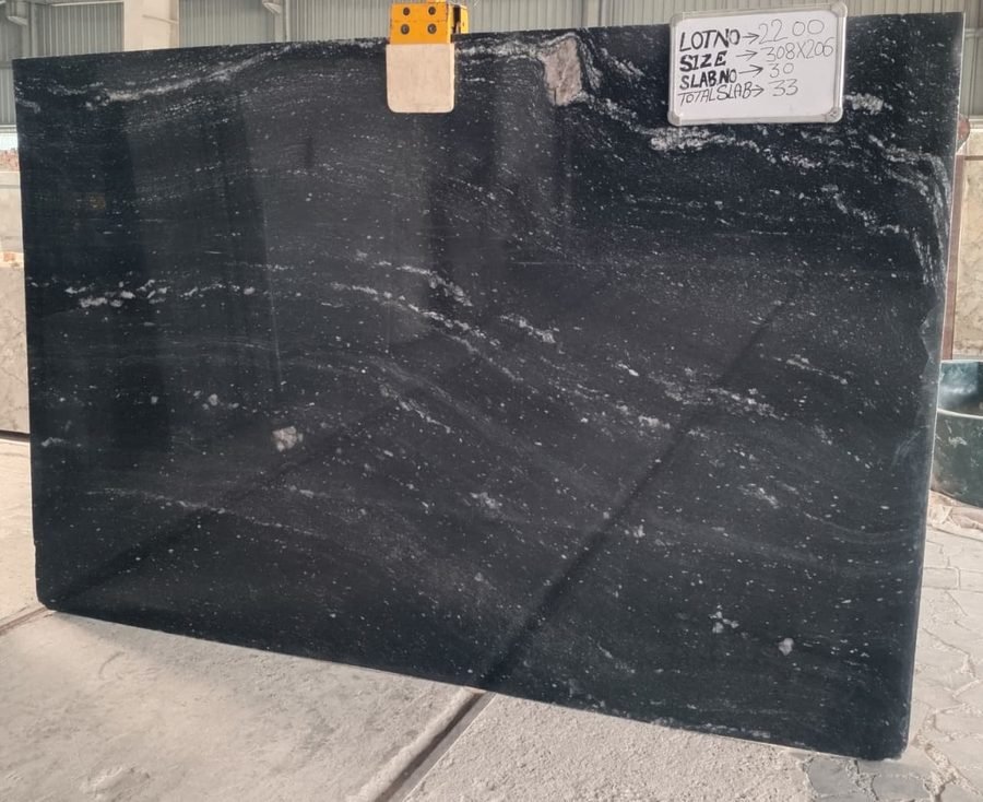 Indian granite stone slab, black field with silver veining, current yard selection, SHILATAL Udaipur