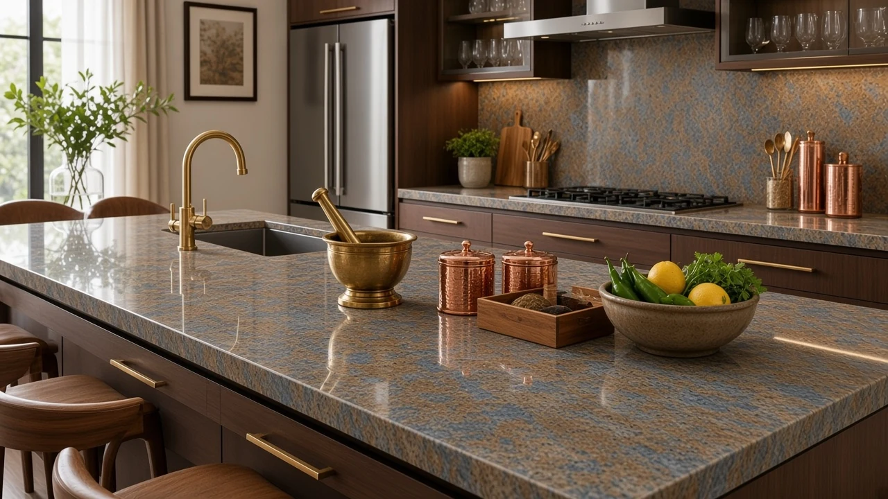 Blue Brown kitchen countertop AI concept
