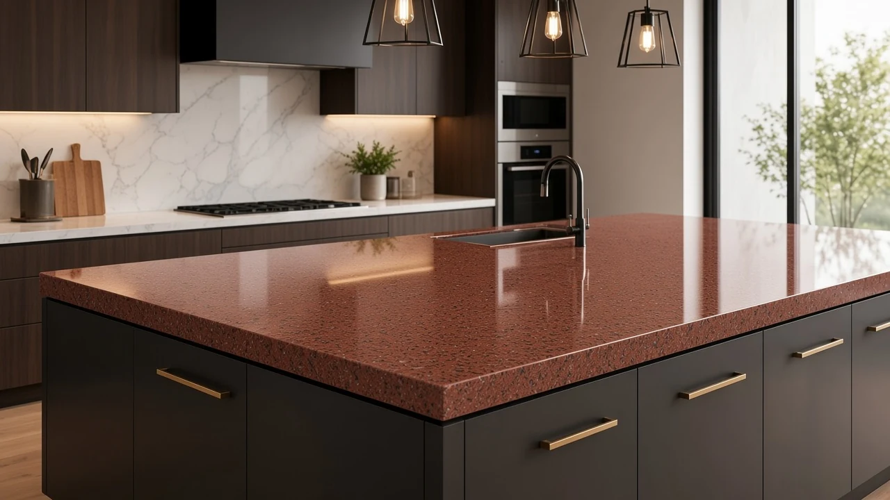 Jhansi Red kitchen countertop AI concept